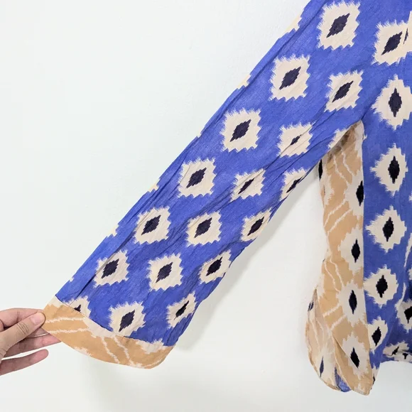 Zara Ikat Print Button Front Shirt Collared Mixed Print Western Blue White XL - Picture 7 of 8